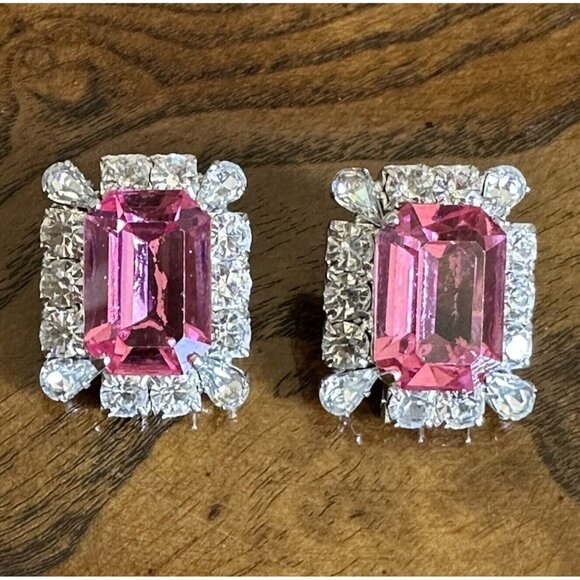 VTG Earrings Pink Glass Rhinestone Octagon Cut Stud Fashion Jewelry Art Deco‎ - Picture 1 of 5